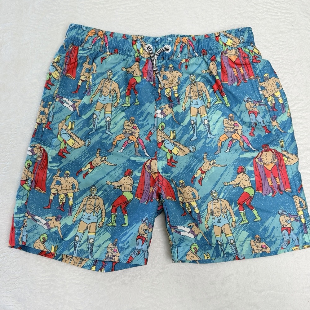 Boardies Boys 9-10 Swim Trunks Blue Luchador Wrestling Print Drawstring Pockets